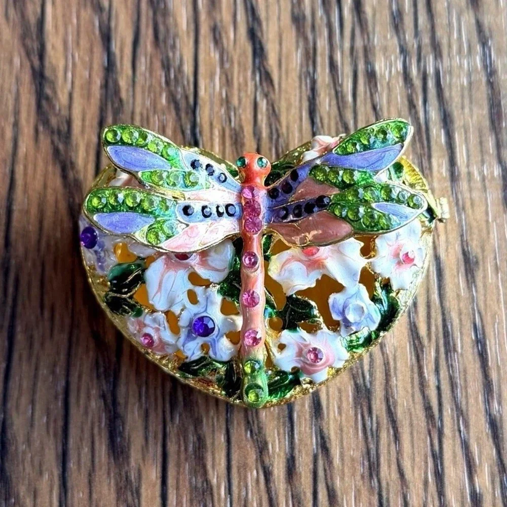 Dragonfly Heart Enamel Trinket Box Hinged Mini Jewelry Box 2.5